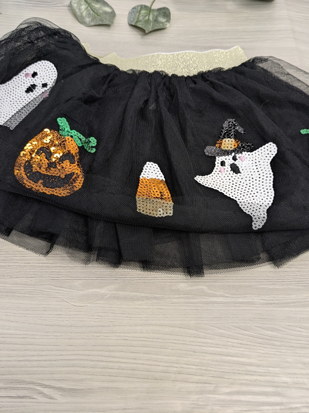 Mud Pie Black Tulle Halloween Skirt with Sequin Pumpkin & Ghosts